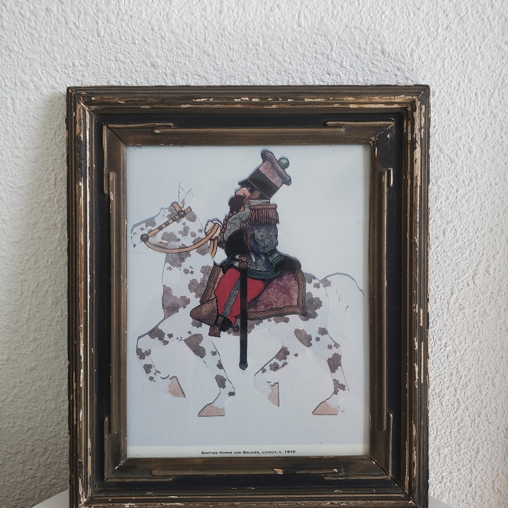 Antique Rare Spotted Horse and Soldier ,cutout c 1910-26  Wood Frame Under Glass